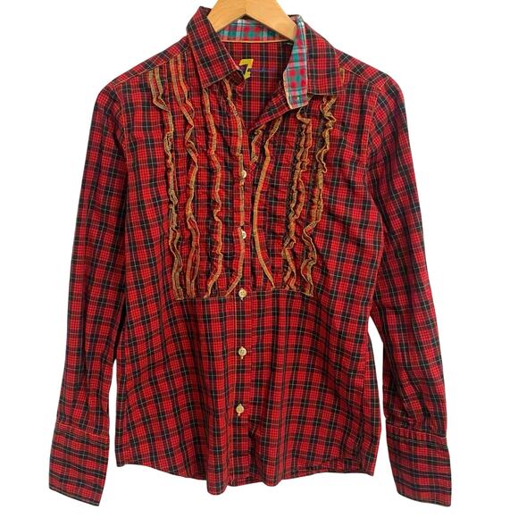 7 For All Mankind Red Tartan Plaid Ruffle Shirt Women’s Size Medium Western - Picture 1 of 9